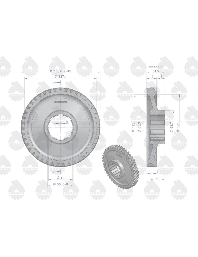 KOŁO 50214061 C-330M URSUS OEM
na wał 50214050 współpr.z wał.sprzęg.
43z lewosk 8 wpus  C-330Mst.zaz.szerokie