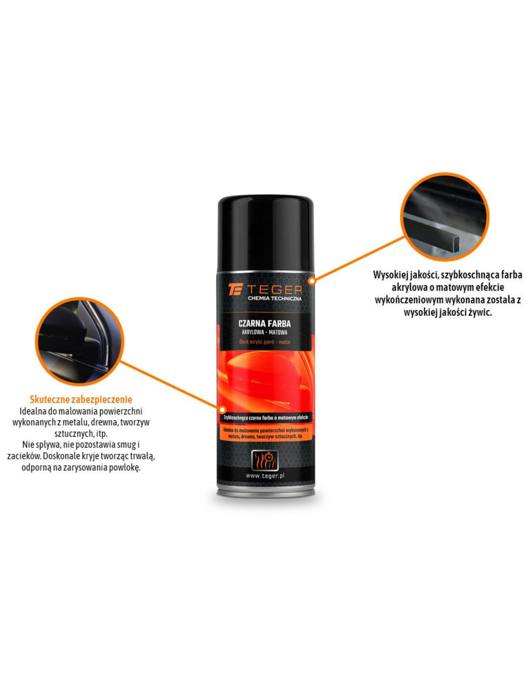 FARBA CZARNA AKRYLOWA MAT SPRAY
Czarna farba akrylowa - matowa, 400ml, Teger
Indeks T-W-CH1041