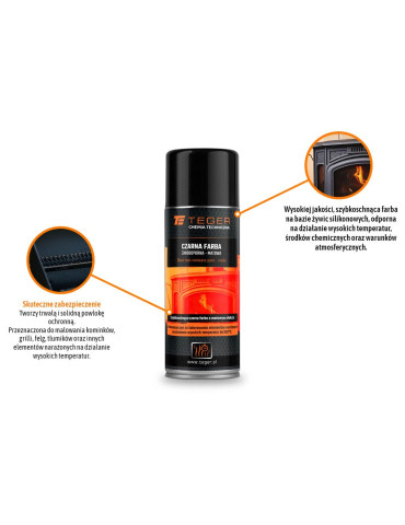 FARBA CZARNA ŻAROODPORNA SPRAY
Indeks T-W-CH1042
Czarna farba żaroodporna - matowa, 400ml, Teger
 2