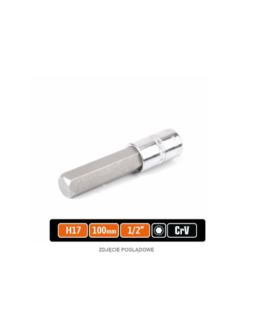 KLUCZ NASADOWY 1/2" Z BITEM HEX 17MM
Klucz nasadowy 1/2" z bitem HEX 100 mm/H17 / TEGER
Indeks T-W-KNH209
imbus 17mm