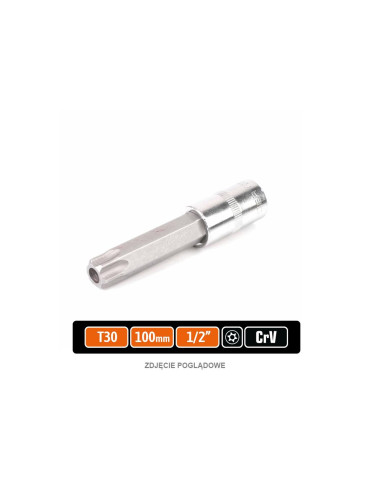 KLUCZ NASADOWY 1/2" BIT TORX T30
T-W-KNT404
Klucz nasadowy 1/2" z bitem TORX 100 mm/T30 / (z otworem) / TEGER