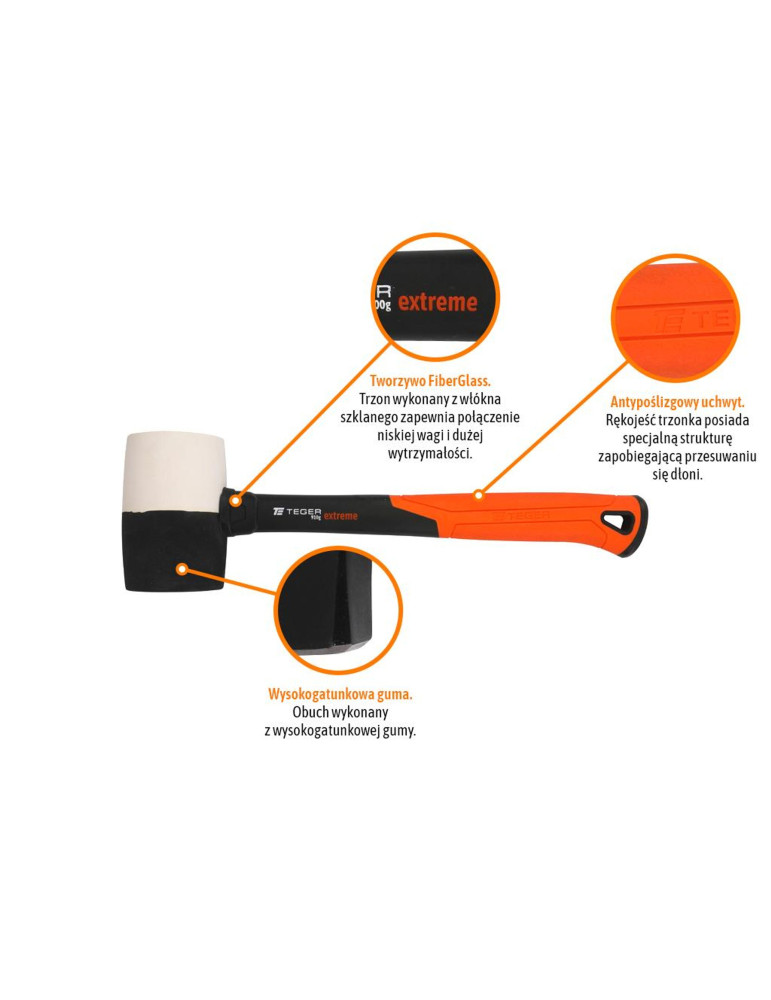 Młotek gumowy z trzonkiem fiberglass 910 g 
Extreme / TEGER
 
biała-miękka, czarna twarda - trzonek z włókna szklanego