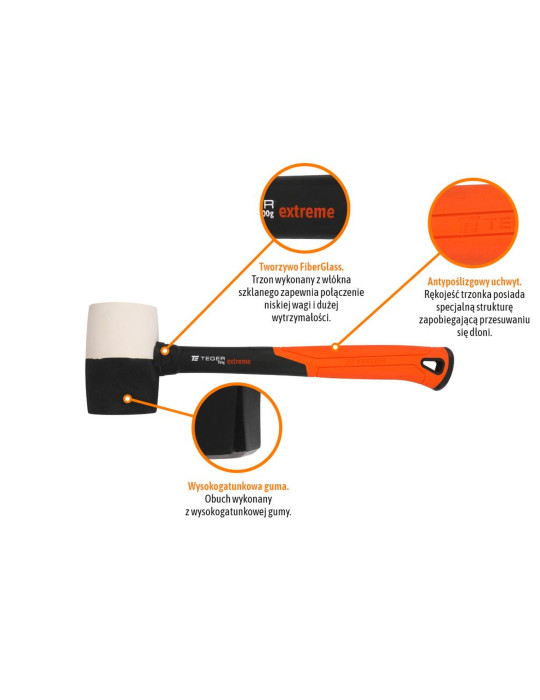 Młotek gumowy z trzonkiem fiberglass 910 g 
Extreme / TEGER
 
biała-miękka, czarna twarda - trzonek z włókna szklanego