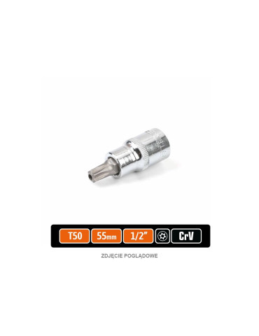 KLUCZ NASADOWY 1/2" BIT TORX T50
Indeks T-W-KNT307
krótki
Klucz nasadowy 1/2" z bitem TORX 55 mm/T50 (z otworem) / TEGER
