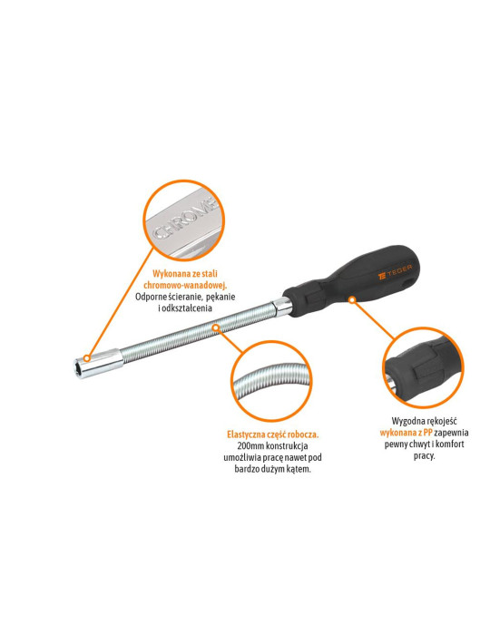 WKRĘTAK ELASTYCZNY DO OPASEK TEGER
Wkrętak elastyczny do opasek ślimakowych 7mm dł 200mm / TEGER
Indeks T-W-WKE001