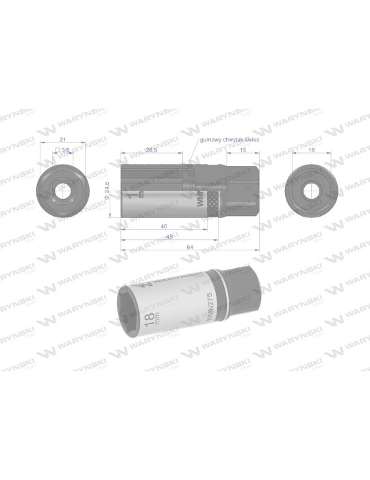 NASADKA DO ŚWIEC 18MM 3/8" 
WMN275
Nasadka do świec 3/8". 18 mm. CrV50BV30. DIN 3124. Waryński
Indeks WMN274
