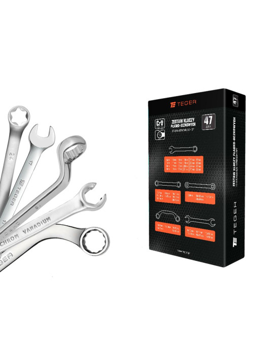 ZESTAW KLUCZY PŁASKOOCZ.TEGER 47
Zestaw kluczy płasko-oczkowych 47 szt / TEGER
Indeks T-W-NWZKPO47
