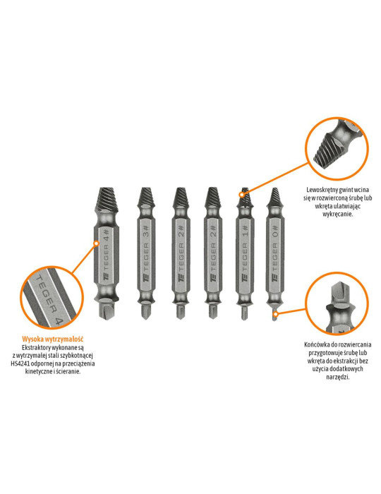 WYKRĘTAKI DO ŚRUB WKRĘTÓW 6SZT. TEGER
T-W-WUS003

Zestaw wykrętaków do uszkodzonych śrub i wkrętów 6 szt / TEGER
