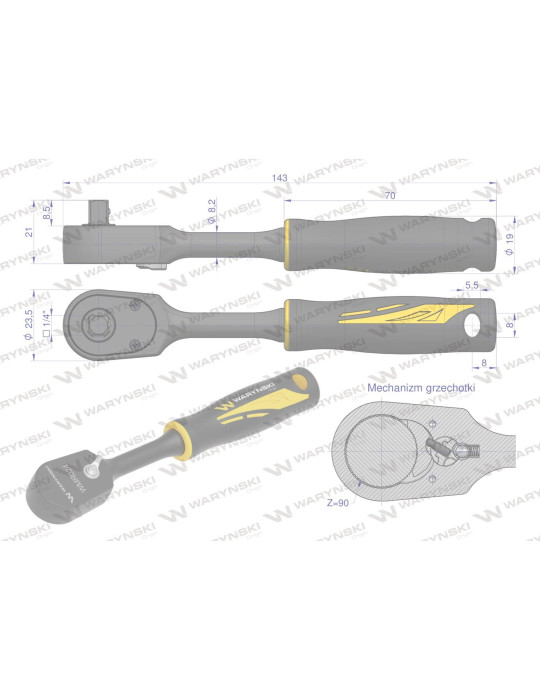 GRZECHOTKA 1/4" 90T PÓŁHERME 
WMR024
Grzechotka semihermetyczna 1/4". 90 T. Waryński
