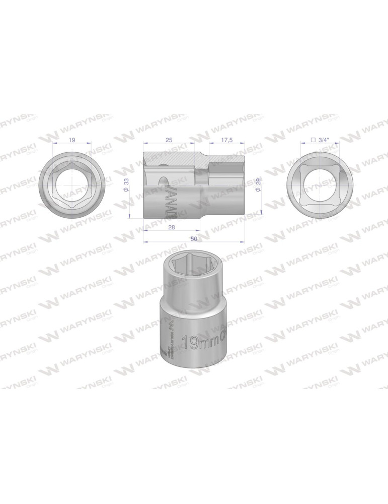 NASADKA 3/4" 19MM WARYŃSKI
Nasadka sześciokątna 3/4". 19 mm. CrMo. DIN 3129. Waryński
Indeks Wmn243