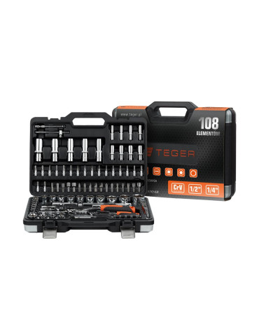 ZESTAW KLUCZY NASADOWYCH 108 SZT. 
Zestaw kluczy nasadowych 108 szt / TEGER
Indeks T-W-NWZK108