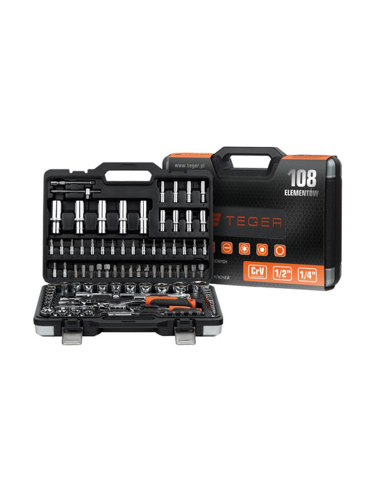 ZESTAW KLUCZY NASADOWYCH 108 SZT. 
Zestaw kluczy nasadowych 108 szt / TEGER
Indeks T-W-NWZK108
