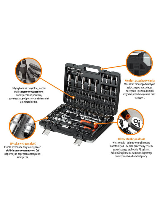 ZESTAW KLUCZY NASADOWYCH 108 SZT. 
Zestaw kluczy nasadowych 108 szt / TEGER
Indeks T-W-NWZK108