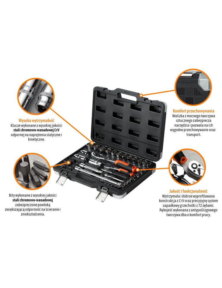 ZESTAW KLUCZY NASADOWYCH 72 SZT. 
Zestaw kluczy nasadowych 72 szt / TEGER
Indeks T-W-NWZK72