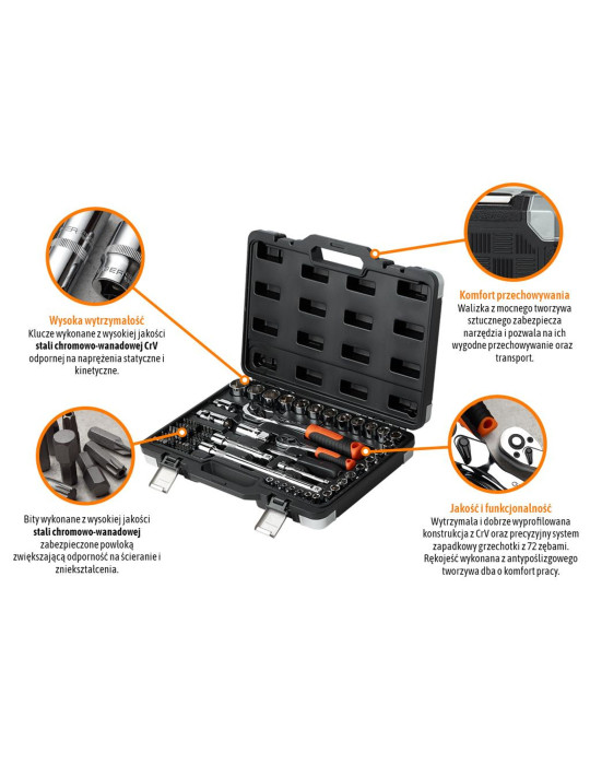 ZESTAW KLUCZY NASADOWYCH 72 SZT. 
Zestaw kluczy nasadowych 72 szt / TEGER
Indeks T-W-NWZK72