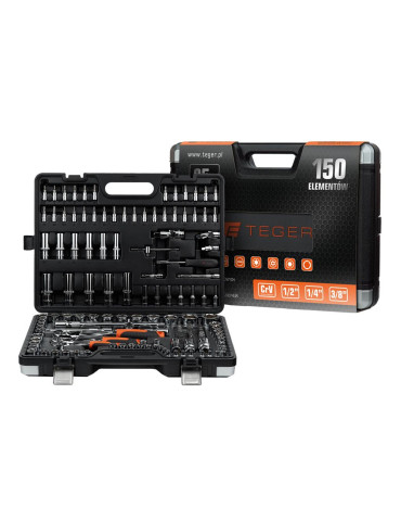 ZESTAW KLUCZY NASADOWYCH 150 SZT. 
Zestaw kluczy nasadowych 150 szt / TEGER
Indeks T-W-NWZK150