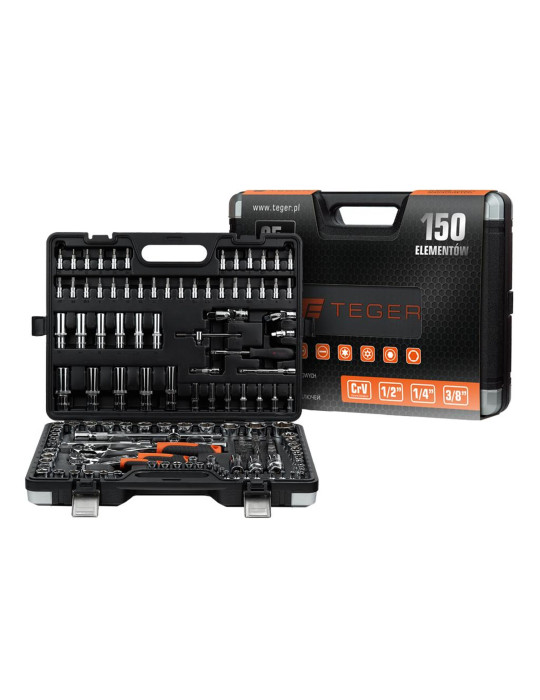 ZESTAW KLUCZY NASADOWYCH 150 SZT. 
Zestaw kluczy nasadowych 150 szt / TEGER
Indeks T-W-NWZK150