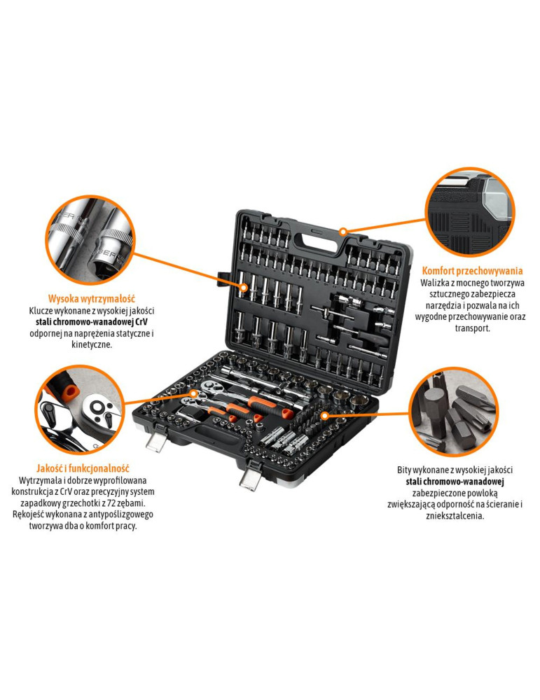 ZESTAW KLUCZY NASADOWYCH 150 SZT. 
Zestaw kluczy nasadowych 150 szt / TEGER
Indeks T-W-NWZK150