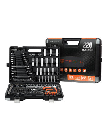 ZESTAW KLUCZY NASADOWYCH 220 SZT. 
Zestaw kluczy nasadowych 220 szt / TEGER
Indeks T-W-NWZK220