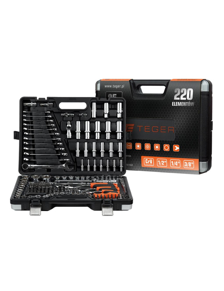 ZESTAW KLUCZY NASADOWYCH 220 SZT. 
Zestaw kluczy nasadowych 220 szt / TEGER
Indeks T-W-NWZK220