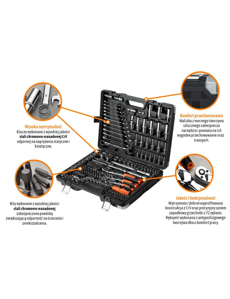ZESTAW KLUCZY NASADOWYCH 220 SZT. 
Zestaw kluczy nasadowych 220 szt / TEGER
Indeks T-W-NWZK220
