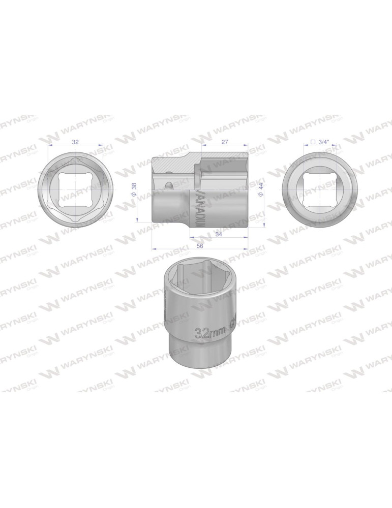 NASADKA 3/4" 32MM WARYŃSKI
Nasadka sześciokątna 3/4". 32 mm. CrMo. DIN 3129. Waryński
Indeks WMN256