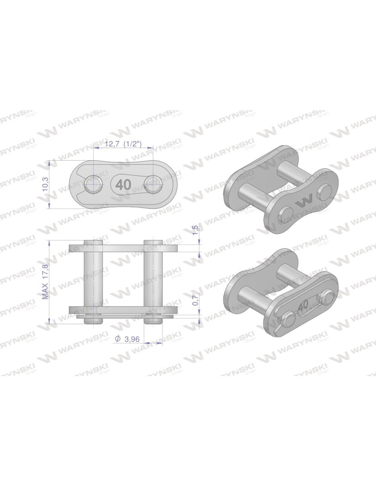 ZAMEK ŁAŃ 08A-1 
Zamek łańcucha wzmocnionego Z08A-1 ANSI A 40 (R1 1/2) Waryński ( sprzedawane po 10 )
Indeks W-Z08A1