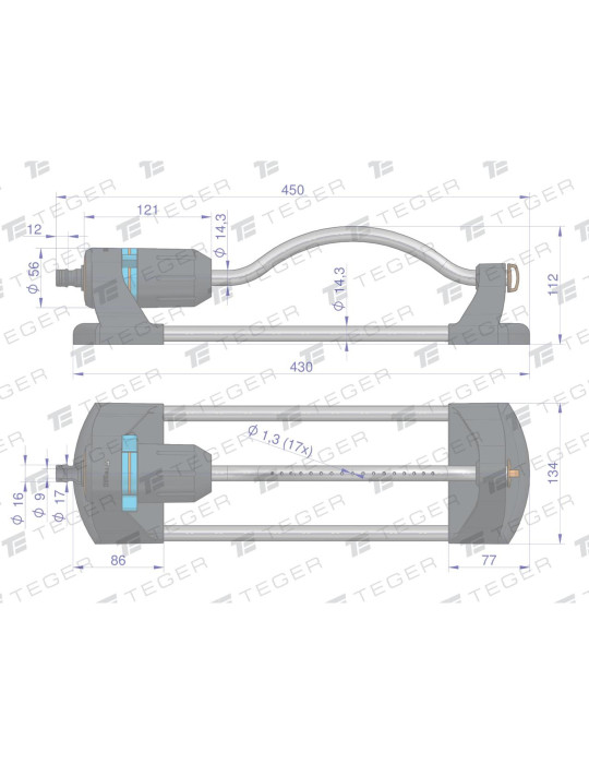 ZRASZACZ OGRODOWY 
Zraszacz ogrodowy - oscylacyjny 17 dysz / TEGER
Indeks T-O-NZRA002