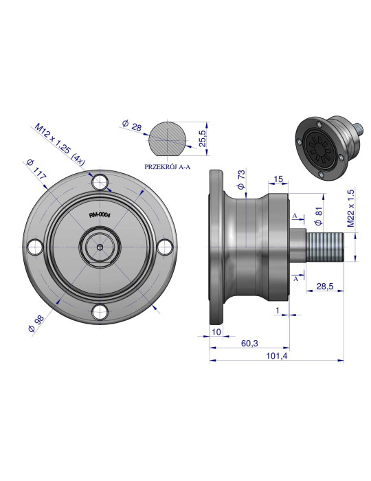 PIASTA 4X98  M22X1,5
Piasta talerza agregatu bezobsługowa 4 - otworowa 4/98 zamiennik BAA 0004
Indeks RM-0004

PI...