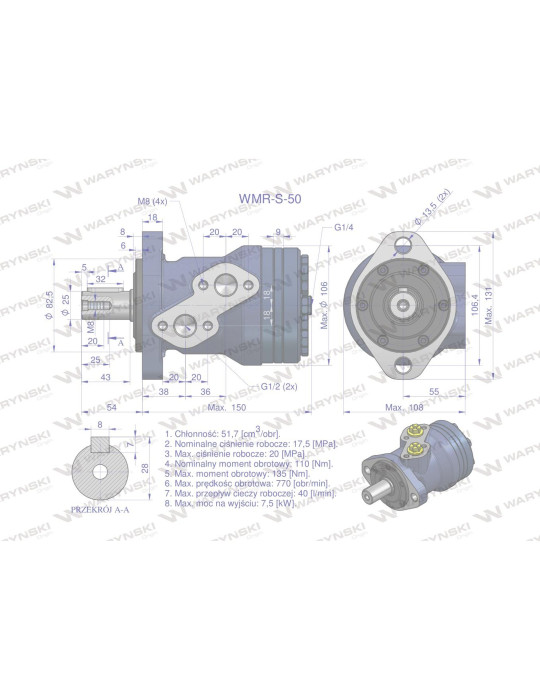 SILNIK HYDRAULICZNY WZMOC. 50
 WMR-S-50
Silnik hydrauliczny orbitalny wzmacniany WMR-S 50 cm3/obr (175 bar / max.22...