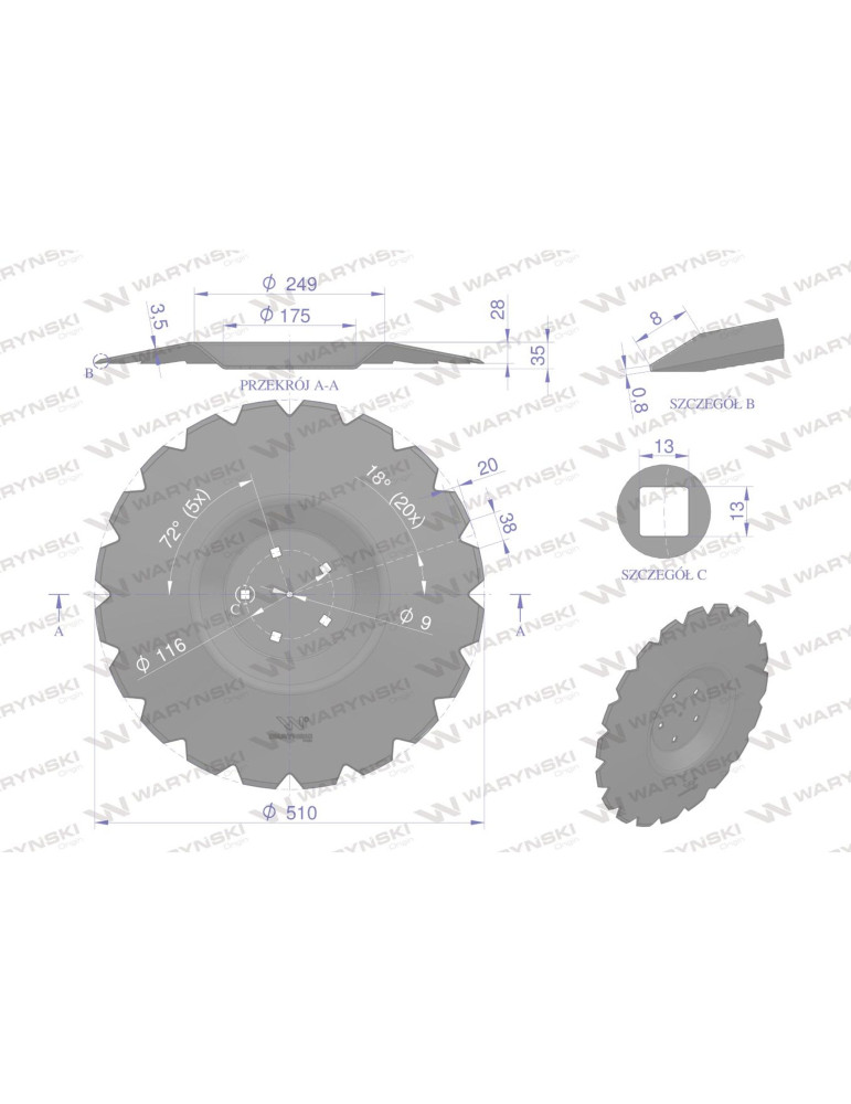 TALERZ FI 510 5X116
Talerz uzębiony Z-20 fi 510 mocowanie 5/116 przetłoczony grubość 4 mm stal borowa WARYŃSKI R zas...