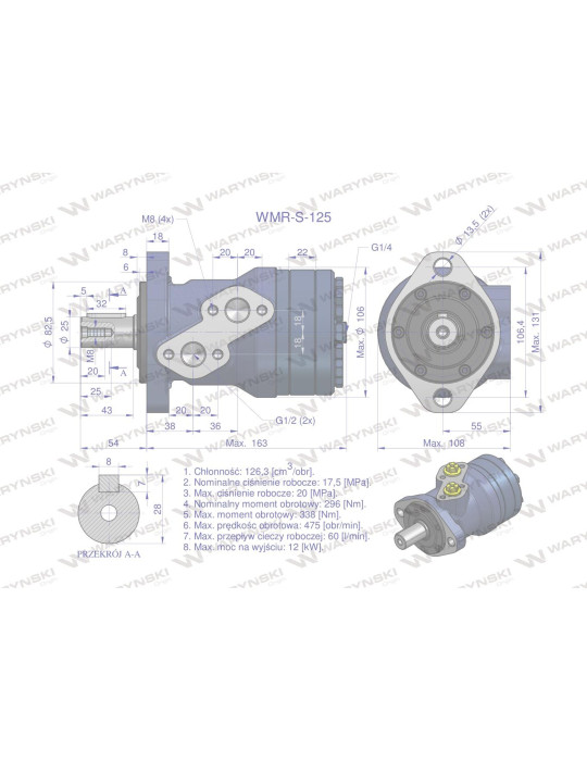 SILNIK HYDRAULICZNY WZMOC. WMR-S125
Silnik hydrauliczny orbitalny wzmacniany WMR-S 125 cm3/obr (175 bar / max.220 ba...