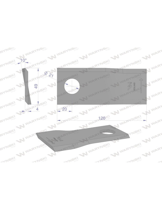 NÓŻ 120X49X4 LEWY FI21 434975 
Nóż. nożyk kosiarka lewy 120x49x4mm otwór 21 zastosowanie 434975 Pottinger WARYŃSKI (...