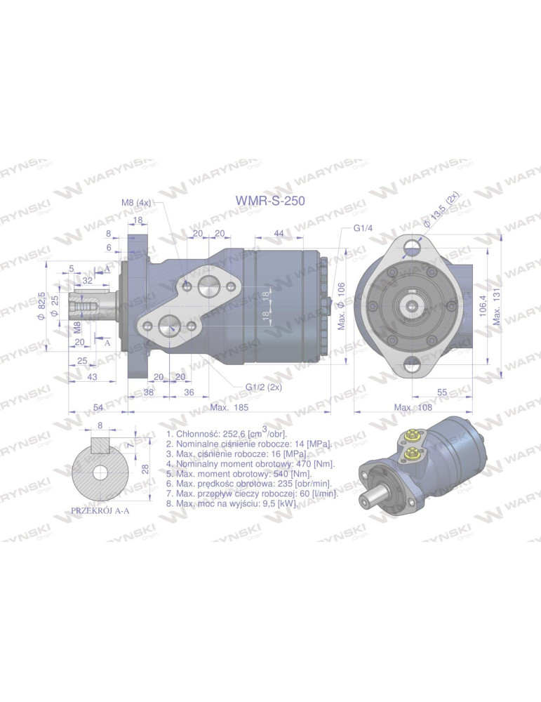 SILNIK HYDRAULICZNY WZMOC. WMR-S250
Silnik hydrauliczny orbitalny wzmacniany WMR-S 250 cm3/obr (140 bar / max.180 ba...