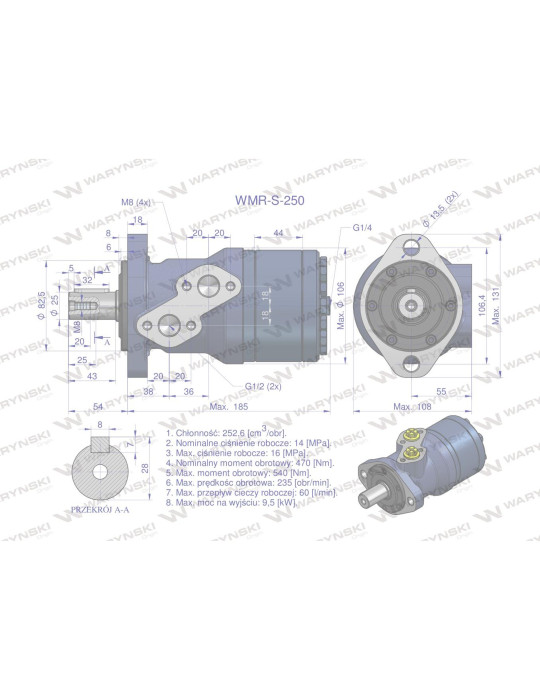 SILNIK HYDRAULICZNY WZMOC. WMR-S250
Silnik hydrauliczny orbitalny wzmacniany WMR-S 250 cm3/obr (140 bar / max.180 ba...