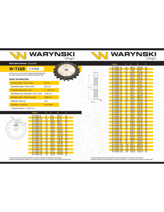 KOŁO ŁAŃCUCHOWE 16B-1 Z20
Koło zębate hartowane tarcza 16B-1 (R1 1) Z-20 Waryński
Indeks W-T16B1-20

SE120 Koło ł...