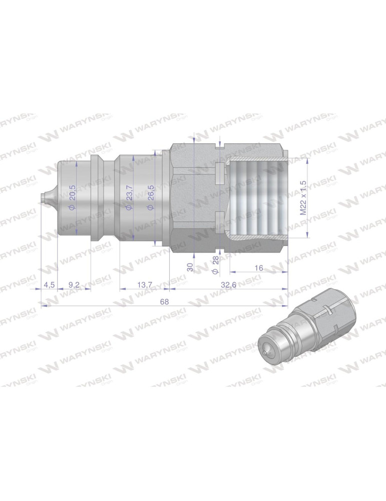 Zawór euro wtyka M22x1.5
Szybkozłącze hydrauliczne wtyczka z eliminatorem ciśnienia M22x1.5 gwint wew. EURO (ISO 724...