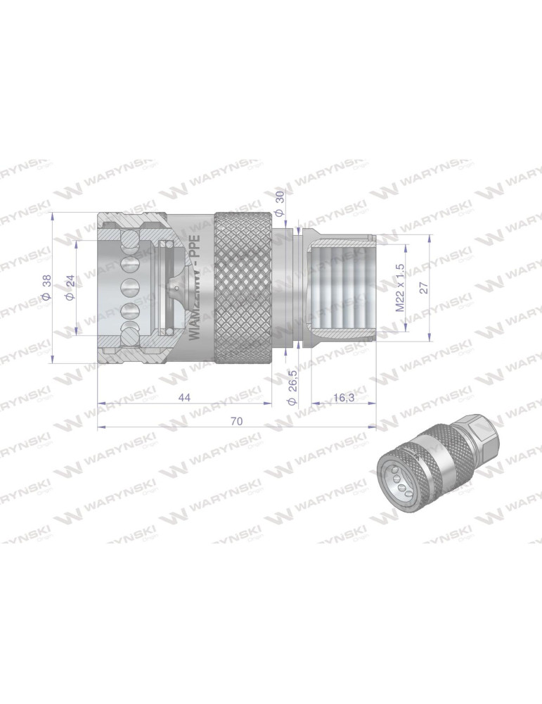 ZAWÓR EURO GNIAZDO M22 G WEWNĘTRZNY
Szybkozłącze hydrauliczne gniazdo z eliminatorem ciśnienia M22x1.5 gwint wew. EU...