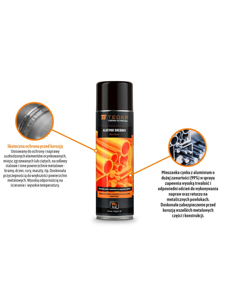 Alucynk srebrny 500 ml / TEGER
Indeks T-W-CH1001
Mieszanina cynku i aluminium zapewnia doskonałą ochronę przed koro...
