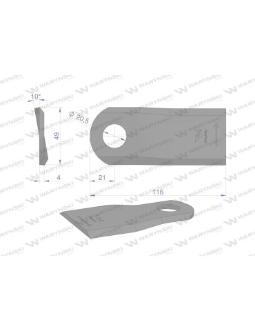 NÓŻ 116X48X4 FI20,5  LEWY KUHN
WKR116X48X4L
Nóż. nożyk kosiarka lewy 116x48x4mm otwór 20.5 zastosowanie 6804710 Kuh... 2