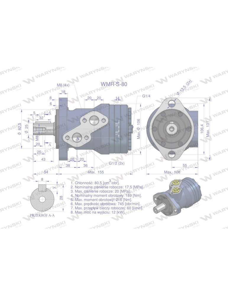 SILNIK HYDRAULICZNY WZMOC. 80
 WMR-S-80
Silnik hydrauliczny orbitalny wzmacniany WMR-S 80 cm3/obr (175 bar / max.22...