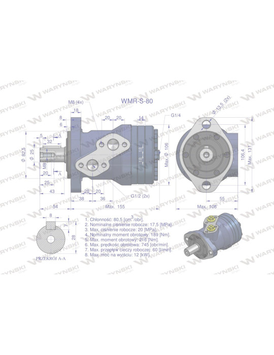 SILNIK HYDRAULICZNY WZMOC. 80
 WMR-S-80
Silnik hydrauliczny orbitalny wzmacniany WMR-S 80 cm3/obr (175 bar / max.22...