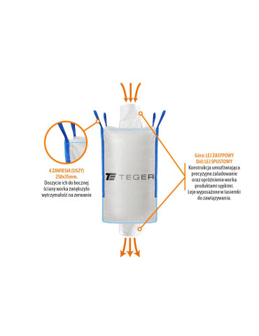 WOREK BIG-BAG 1000KG
T-BB1T90X160-2L
Worek BIG BAG 1000kg. 90 x 90 x 160. 4 uchwyty. Lej zasypowy/Lej spustowy /TEG... 2