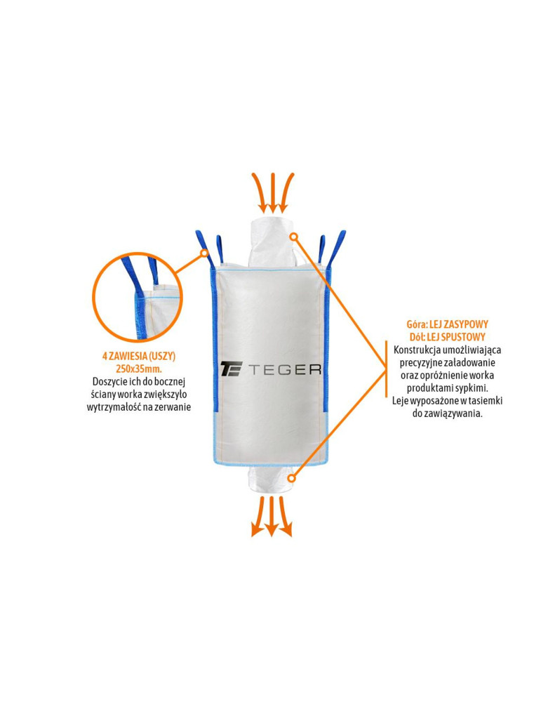 WOREK BIG-BAG 1000KG
T-BB1T90X160-2L
Worek BIG BAG 1000kg. 90 x 90 x 160. 4 uchwyty. Lej zasypowy/Lej spustowy /TEG...