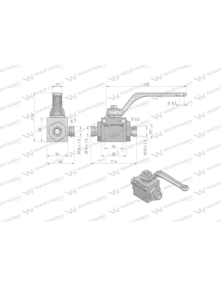 ZAWÓR KULOWY 3-DROŻNY M16X1,5
Zawór kulowy hydrauliczny 3-drogowy 3/2 M16x1.5 08L z otworami mocującymi 500 bar Wary...