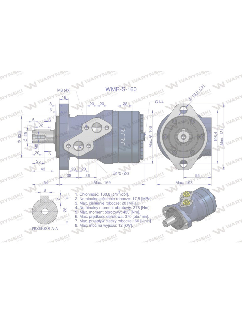 SILNIK HYDRAULICZNY WZMOC. WMR-S160
Silnik hydrauliczny orbitalny wzmacniany WMR-S 160 cm3/obr (175 bar / max.220 ba...
