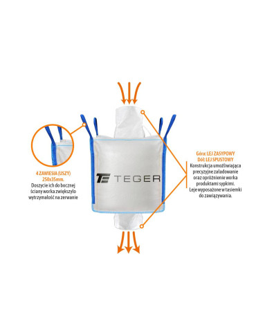 WOREK BIG-BAG 500KG, LEJ WYSPOWY
Indeks T-BB0.5T90X90-2L

Worek BIG BAG 500kg. 90 x 90 x 90. 4 uchwyty. Lej zasypo... 2