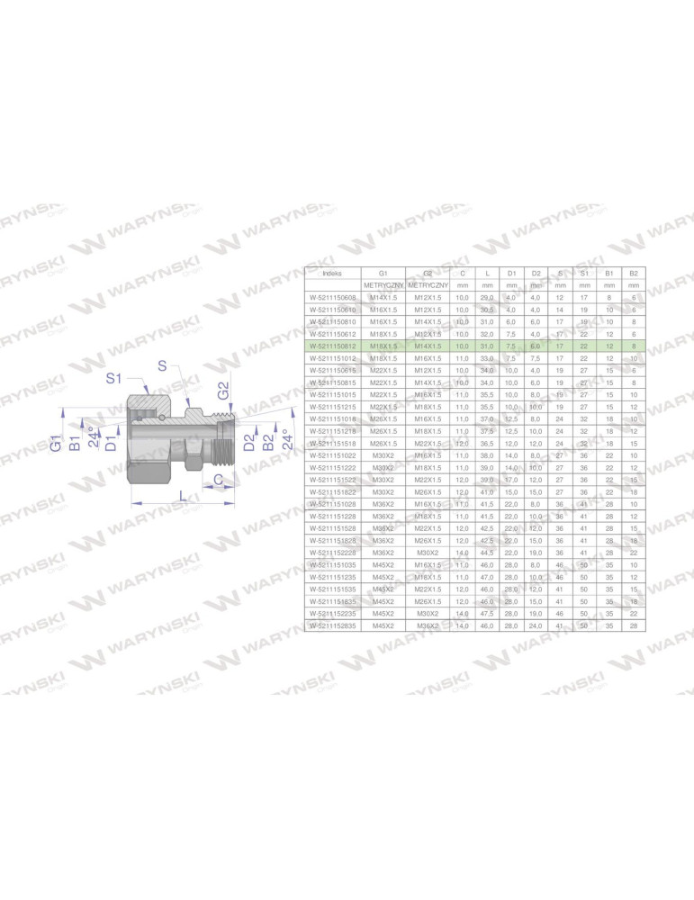 ZŁĄCZKA AB 18X1,5-14X1,5
Złączka hydrauliczna metryczna AB (XKOR) A-M18x1.5 12L / B-M14x1.5 08L Waryński ( sprzedawa...