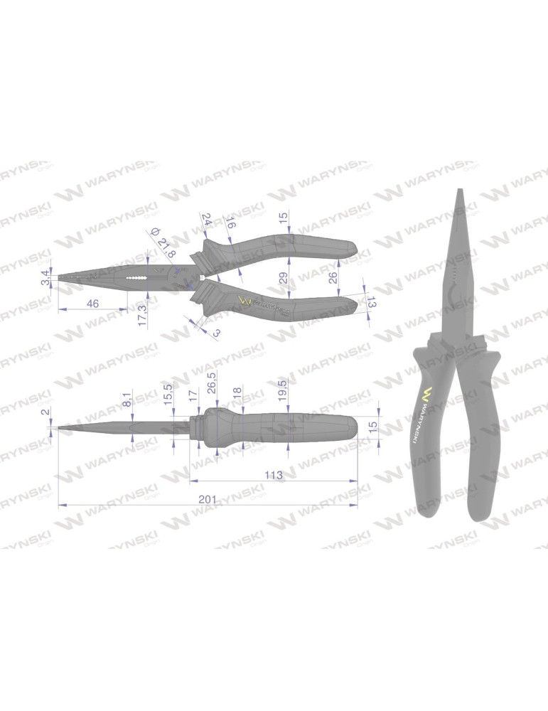 Szczypce wydłużone proste 200 mm Waryński